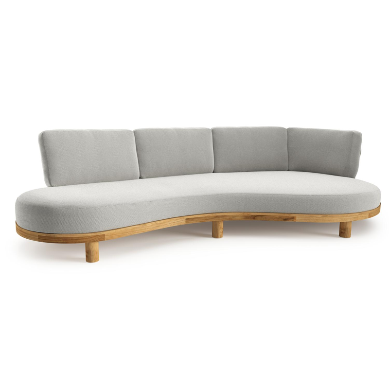 Canapé de jardin Donato en teck et coussins en all weather sunbrella® luxe lopi ash
