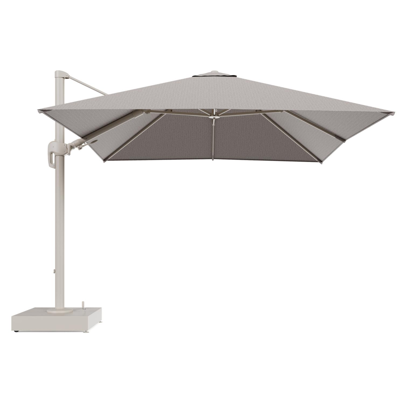 Rufina zweefparasol met tiltfunctie in beige aluminium en Wander Granite All Weather Sunbrella® Luxe parasoldoek - L1 300 x L2 300 cm met parasolvoet Minore 150 kg met wielen