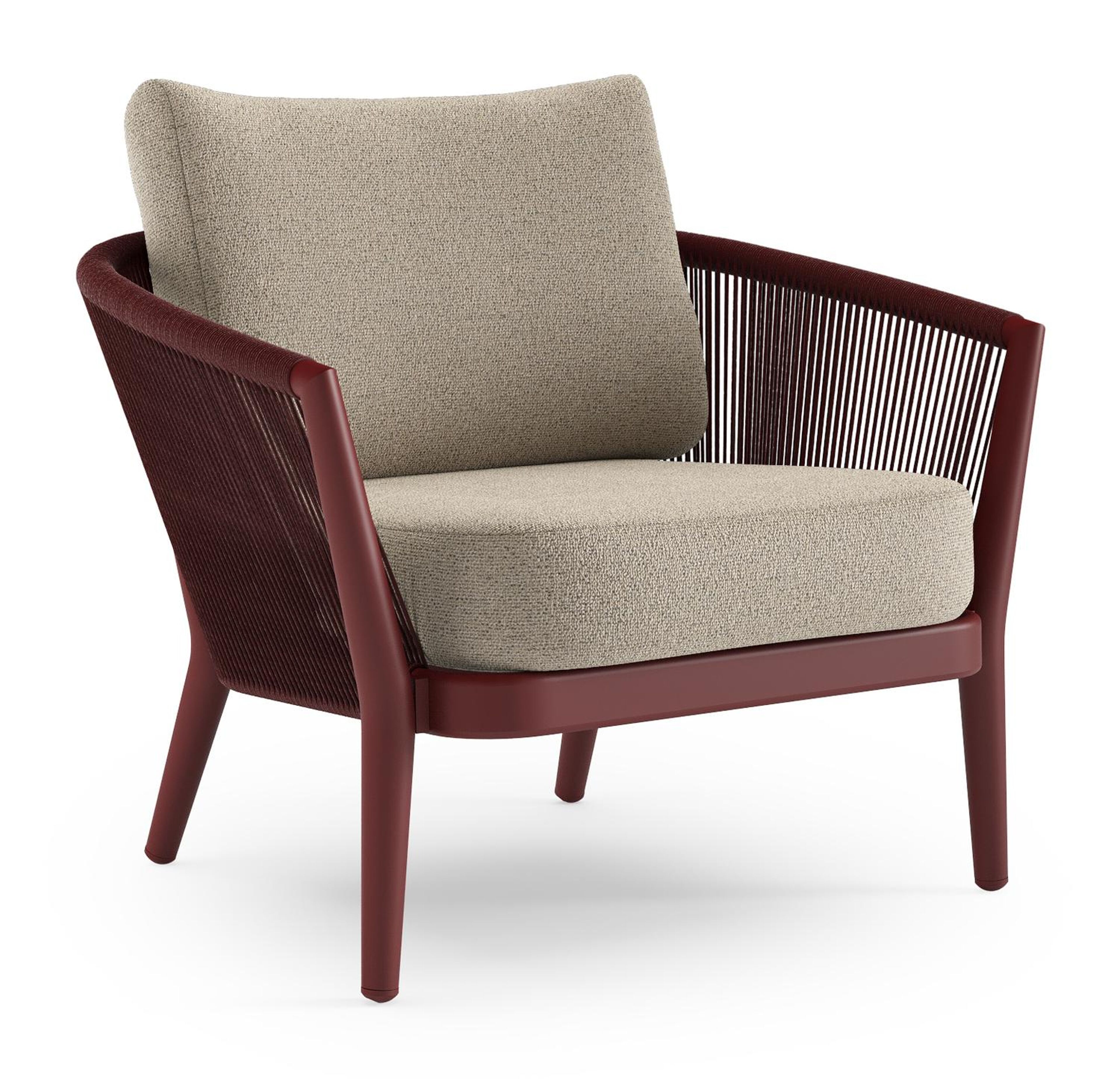 Orso loungestoel in ruby aluminium en ruby verticaal geweven ronde rope met Marbella Beige all weather cosytica kussen
