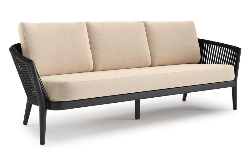 Orso loungebank in zwart aluminium en zwart verticaal geweven ronde rope met Heritage Papyrus all weather sunbrella® luxe kussen