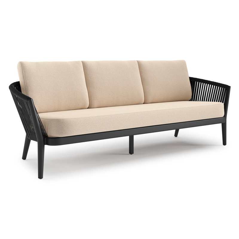 Canapé de jardin Orso en aluminium noir en corde luxe plate tissée verticalement noir et coussins en all weather sunbrella® luxe Heritage Papyrus