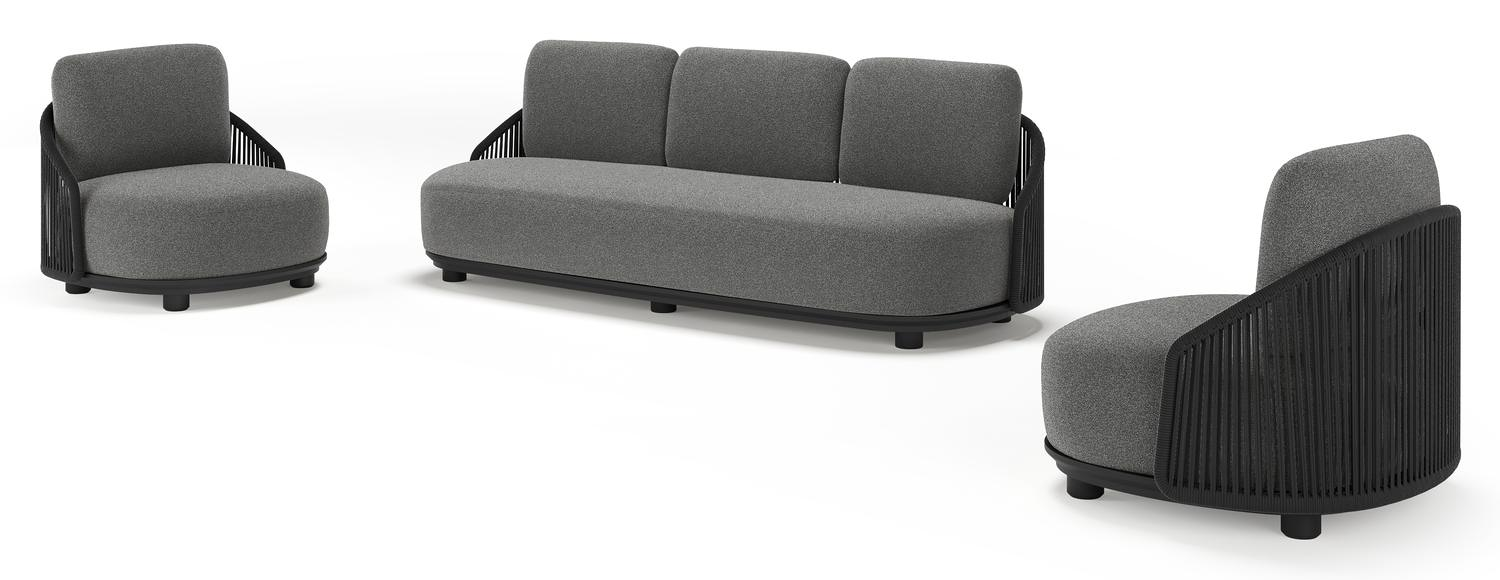Vadelo loungeset in zwart aluminium en zwart verticaal geweven ronde rope met catania black all weather cosytica kussen