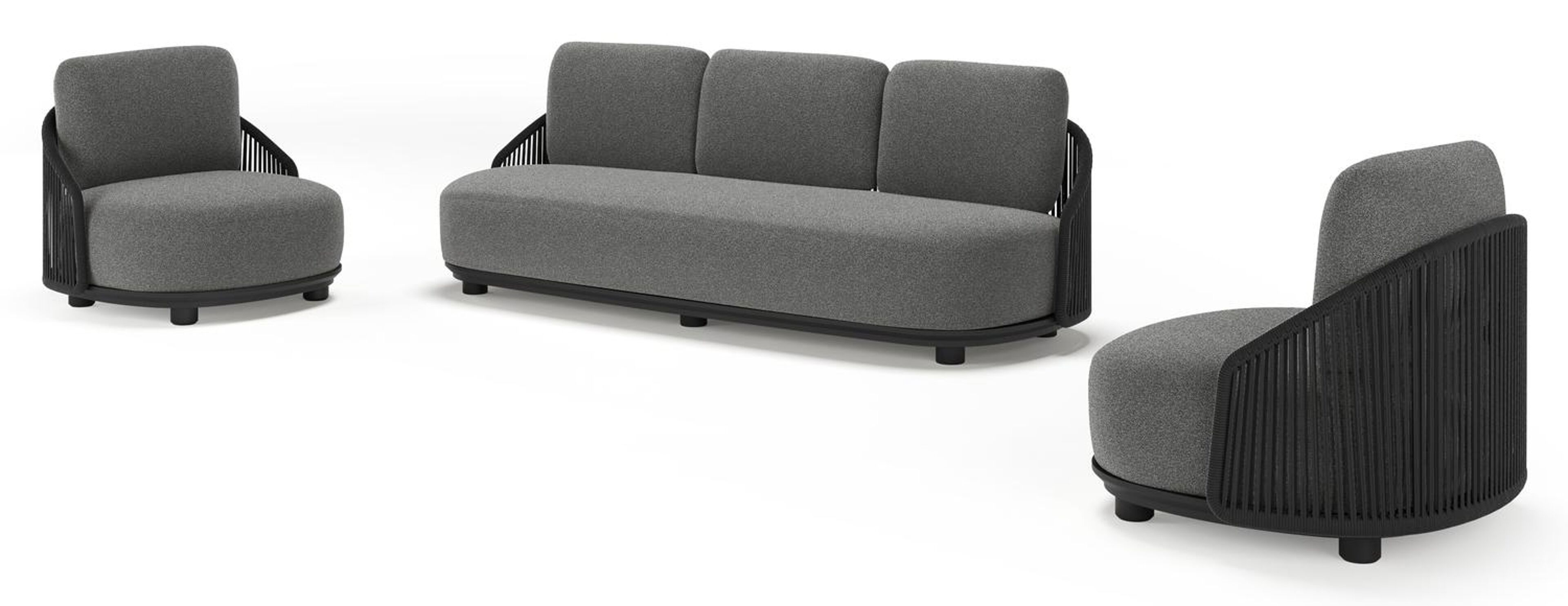 Vadelo loungeset in zwart aluminium en zwart verticaal geweven ronde rope met catania black all weather cosytica kussen
