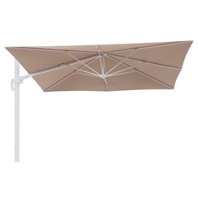 Minore zweefparasol tiltfunctie in wit aluminium en parasoldoek in All Weather Sunbrella® Luxe Natte Linen Chalk  - L1 280 x L2: 370 cm (zonder voet)