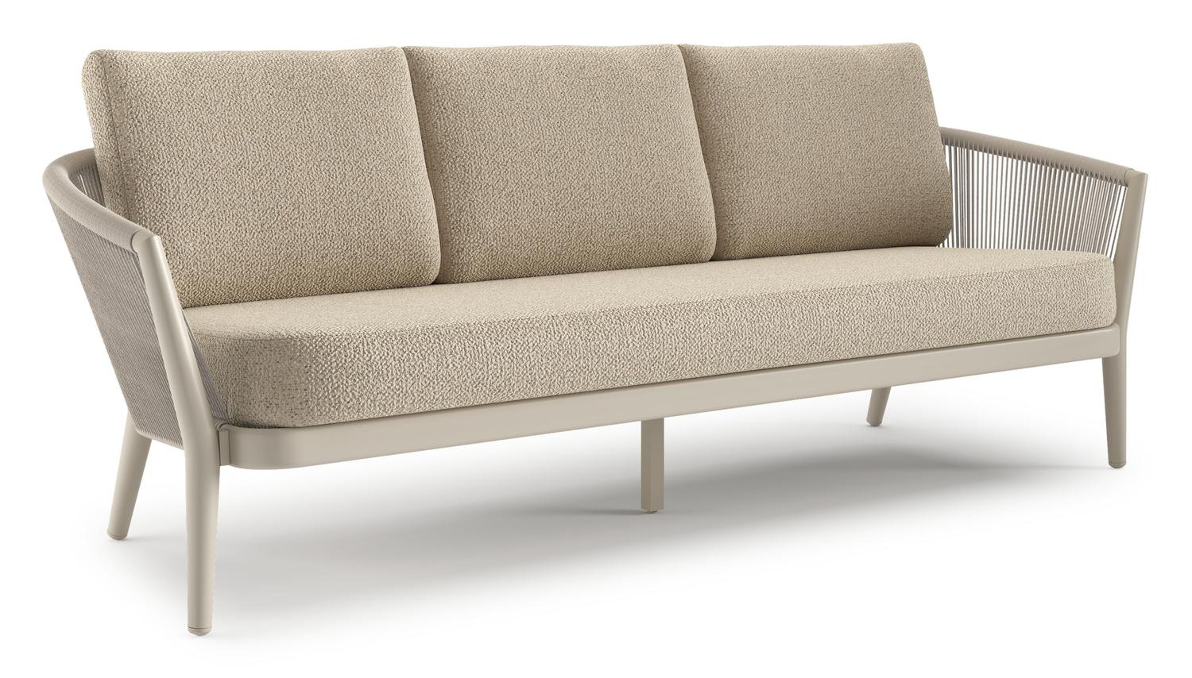 Orso loungebank in beige aluminium en beige verticaal geweven ronde rope met Bora Forest all weather cosytica kussen