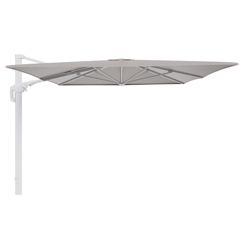Minore zweefparasol tiltfunctie in wit aluminium en parasoldoek in All Weather Sunbrella® Luxe Wander Granite  - L1 400 x L2 300 cm (zonder voet)