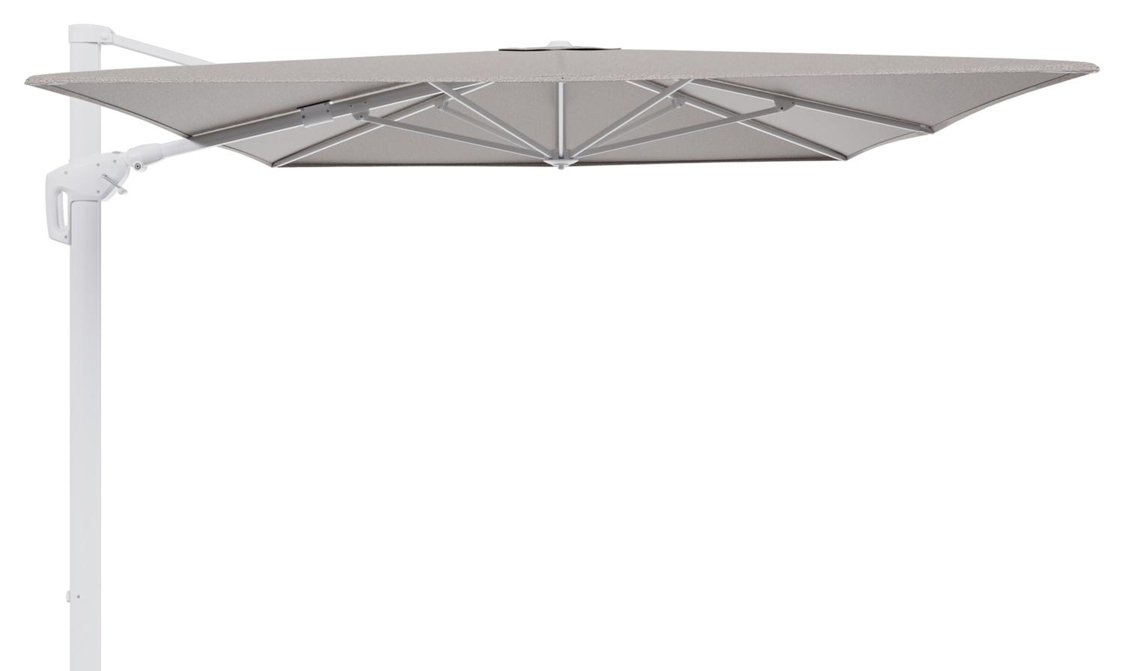 Minore zweefparasol tiltfunctie in wit aluminium en parasoldoek in All Weather Sunbrella® Luxe Wander Granite  - L1 400 x L2 300 cm (zonder voet)
