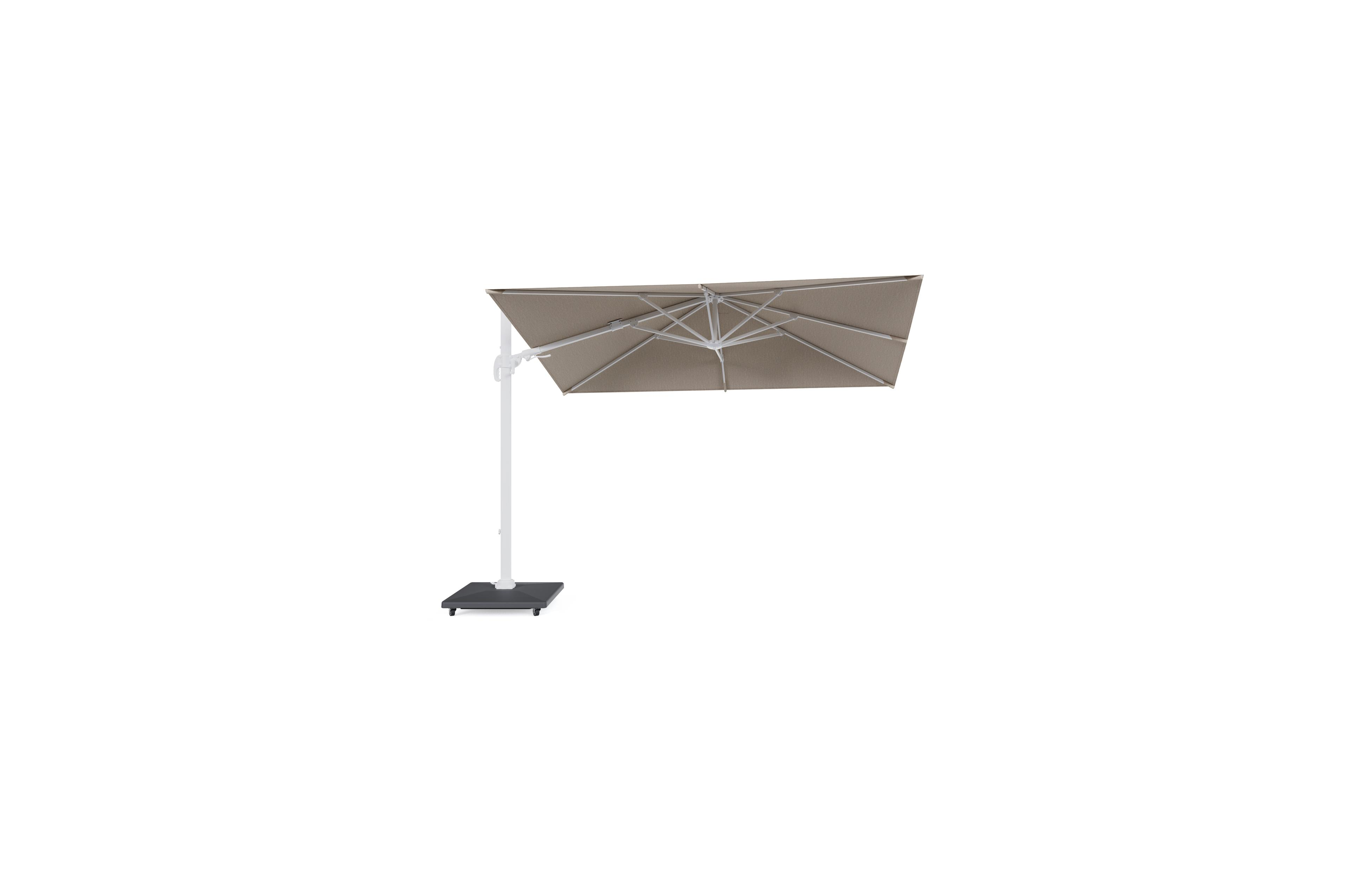 Avola zweefparasol met tiltfunctie in wit aluminium en natural Weather+ Softtouch parasoldoek - L1 200 x L2 300 cm met parasolvoet Avola 90 kg
