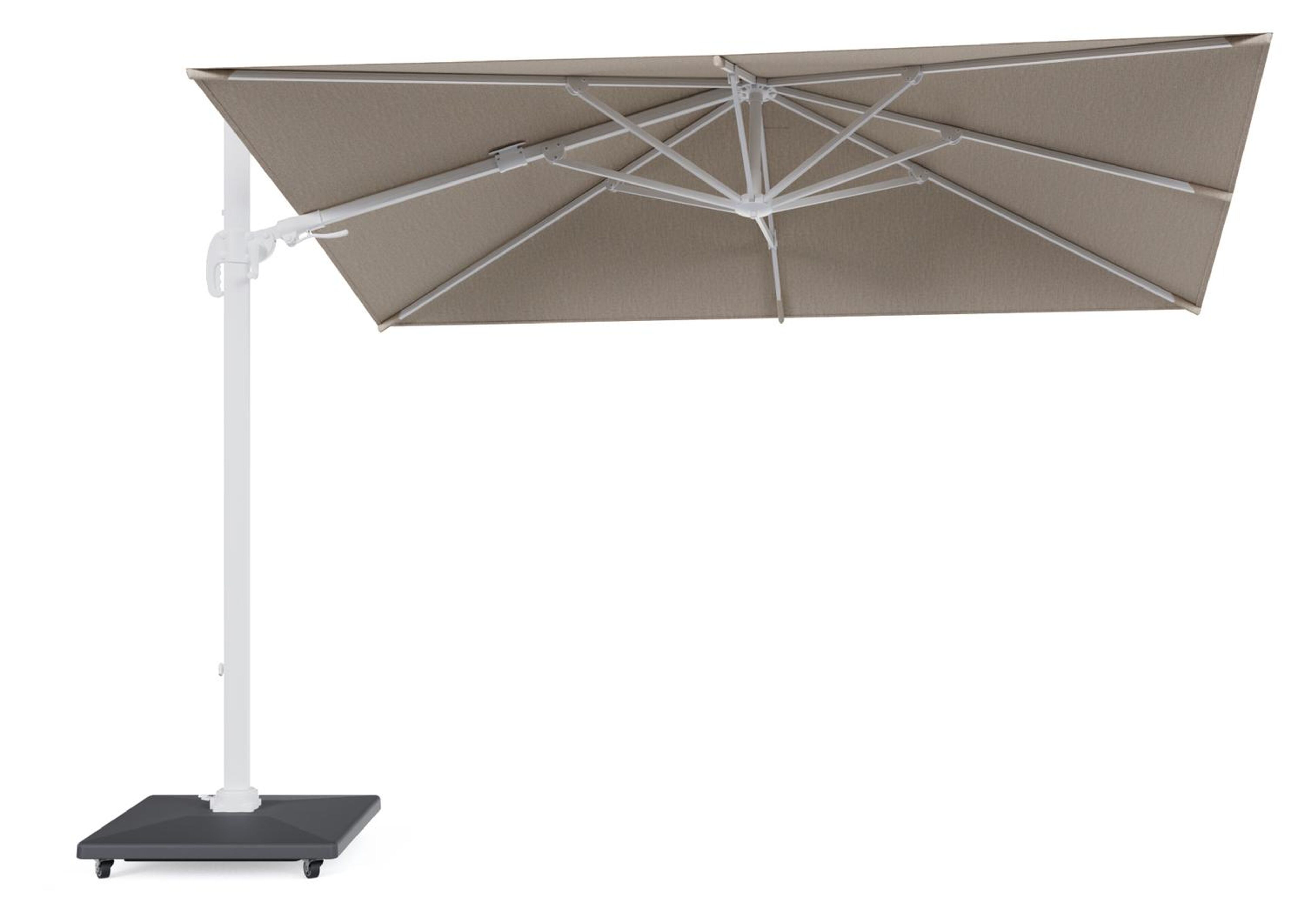 Avola zweefparasol met tiltfunctie in wit aluminium en natural Weather+ Softtouch parasoldoek - L1 200 x L2 300 cm met parasolvoet Avola 90 kg