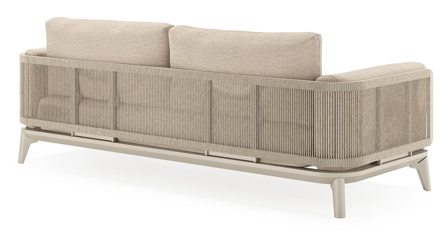 Salon de jardin Mosa en aluminium beige et résine tressée torsadée beige et coussins en weather+ softtouch rustic