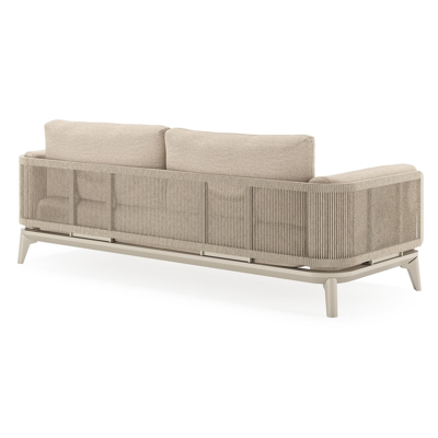 Salon de jardin Mosa en aluminium beige et résine tressée torsadée beige et coussins en weather+ softtouch rustic