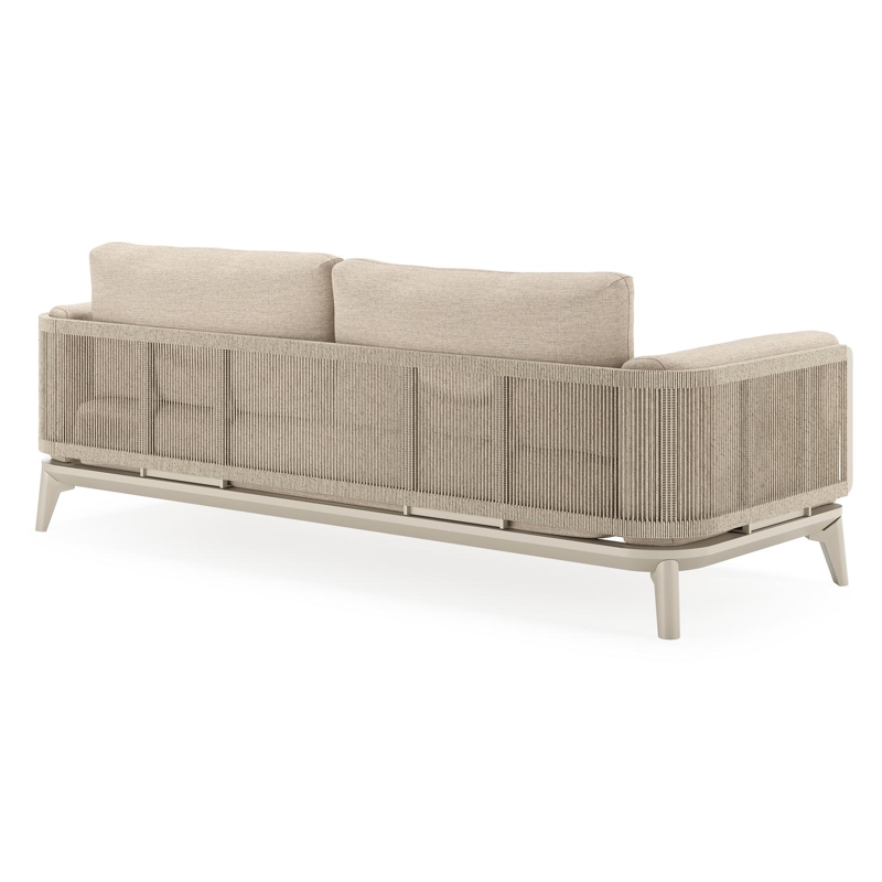 Salon de jardin Mosa en aluminium beige et résine tressée torsadée beige et coussins en weather+ softtouch rustic