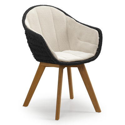 Pagino tuinstoel in teak en zwart ronde wicker met zitkussen in All Weather Sunbrella® Luxe Lopi Marble