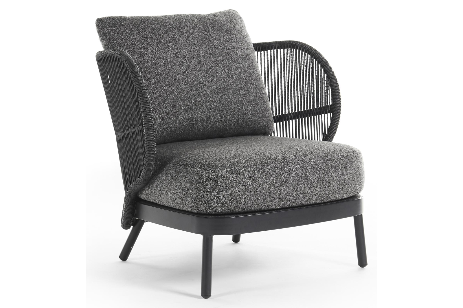 Lugano loungestoel 1-zit in zwart aluminium en zwart gedraaide ronde wicker met catania black all weather cosytica kussen