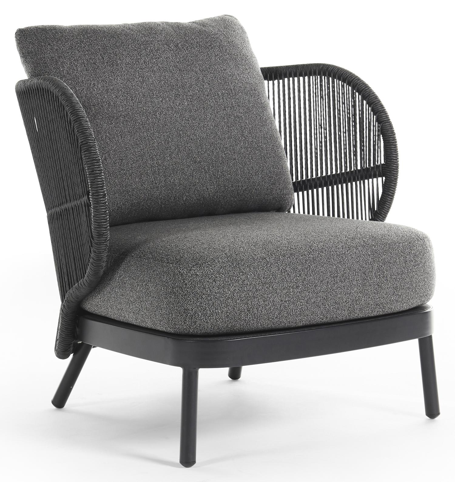 Lugano loungestoel 1-zit in zwart aluminium en zwart gedraaide ronde wicker met catania black all weather cosytica kussen