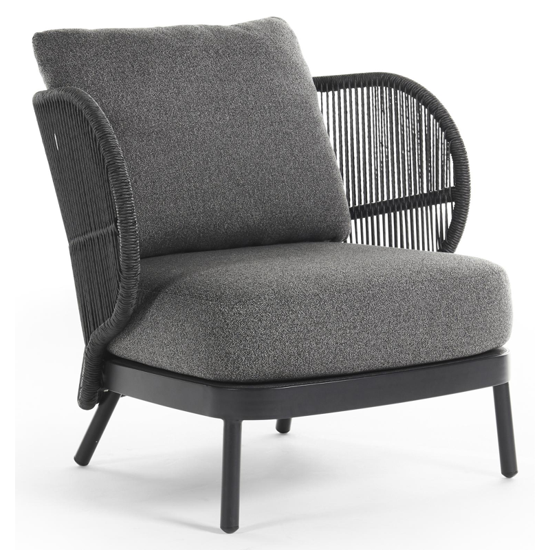 Lugano loungestoel 1-zit in zwart aluminium en zwart gedraaide ronde wicker met catania black all weather cosytica kussen