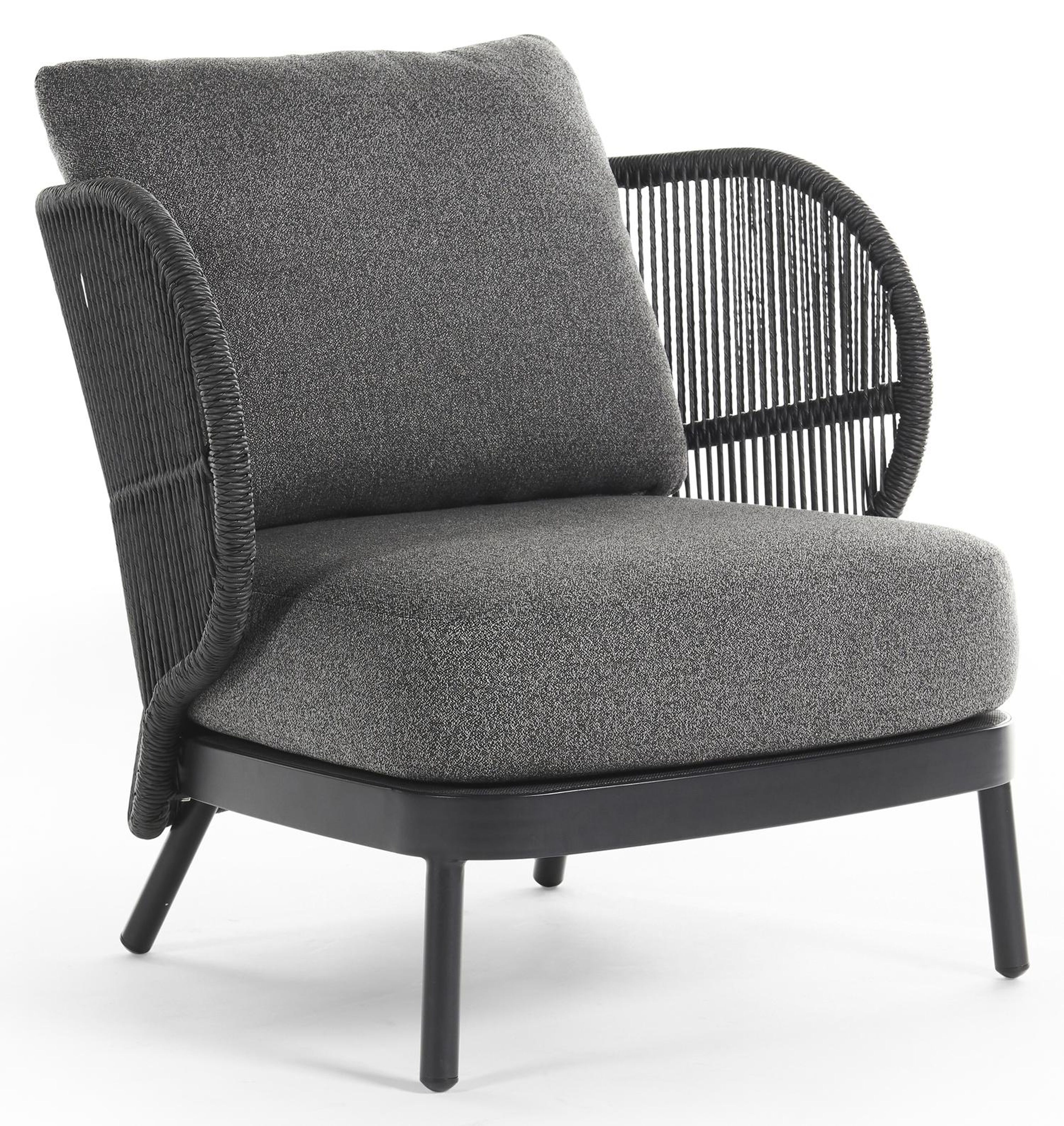 Lugano loungestoel 1-zit in zwart aluminium en zwart gedraaide ronde wicker met catania black all weather cosytica kussen