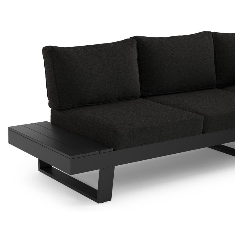 Alora loungehoek in zwart aluminium met zwart weather+ softtouch kussens en loungetafel