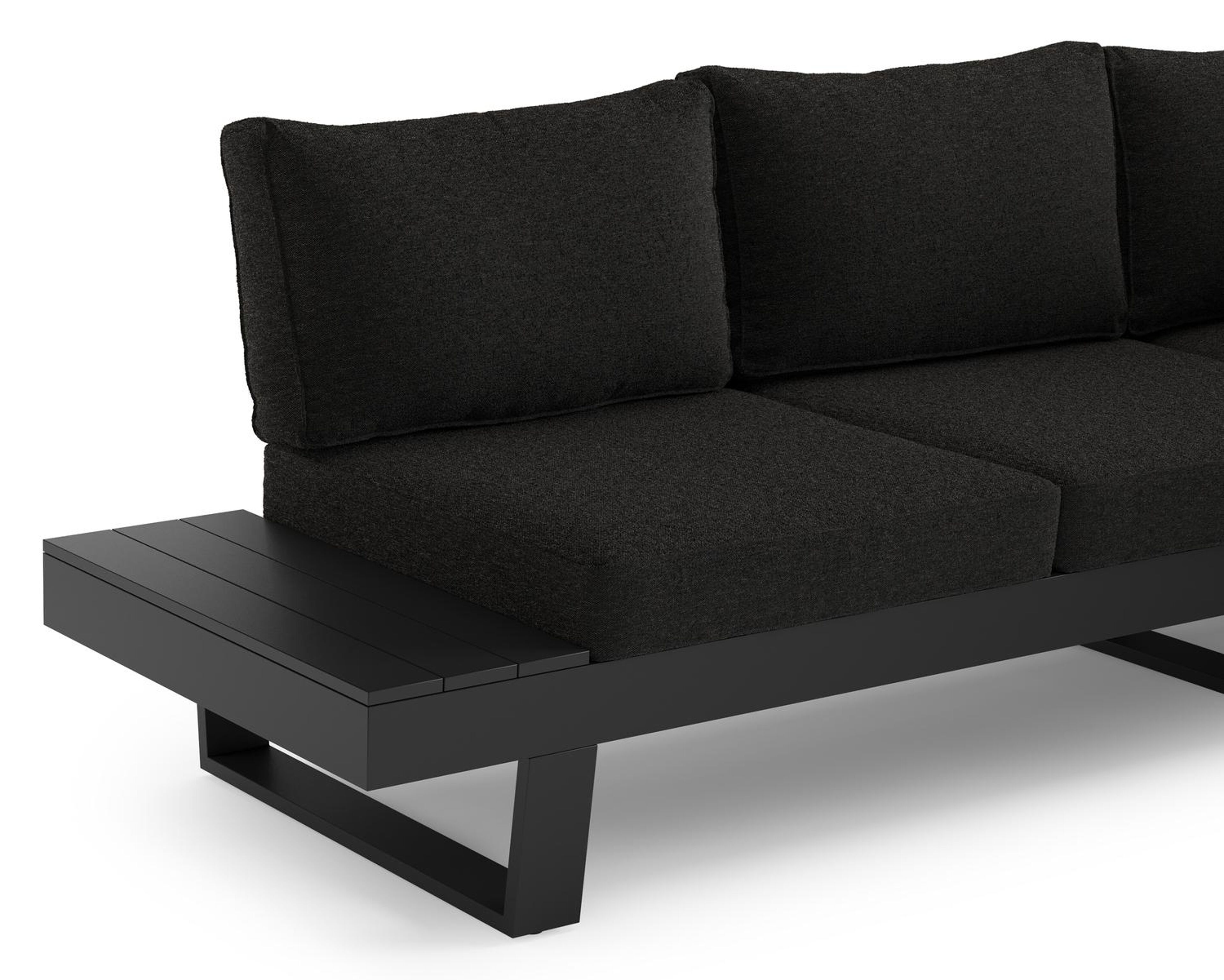 Alora loungehoek in zwart aluminium met zwart weather+ softtouch kussens en loungetafel
