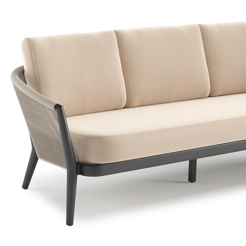 Orso loungebank in zwart aluminium en beige verticaal geweven ronde rope met Natte Linen Chalk all weather sunbrella® luxe kussen