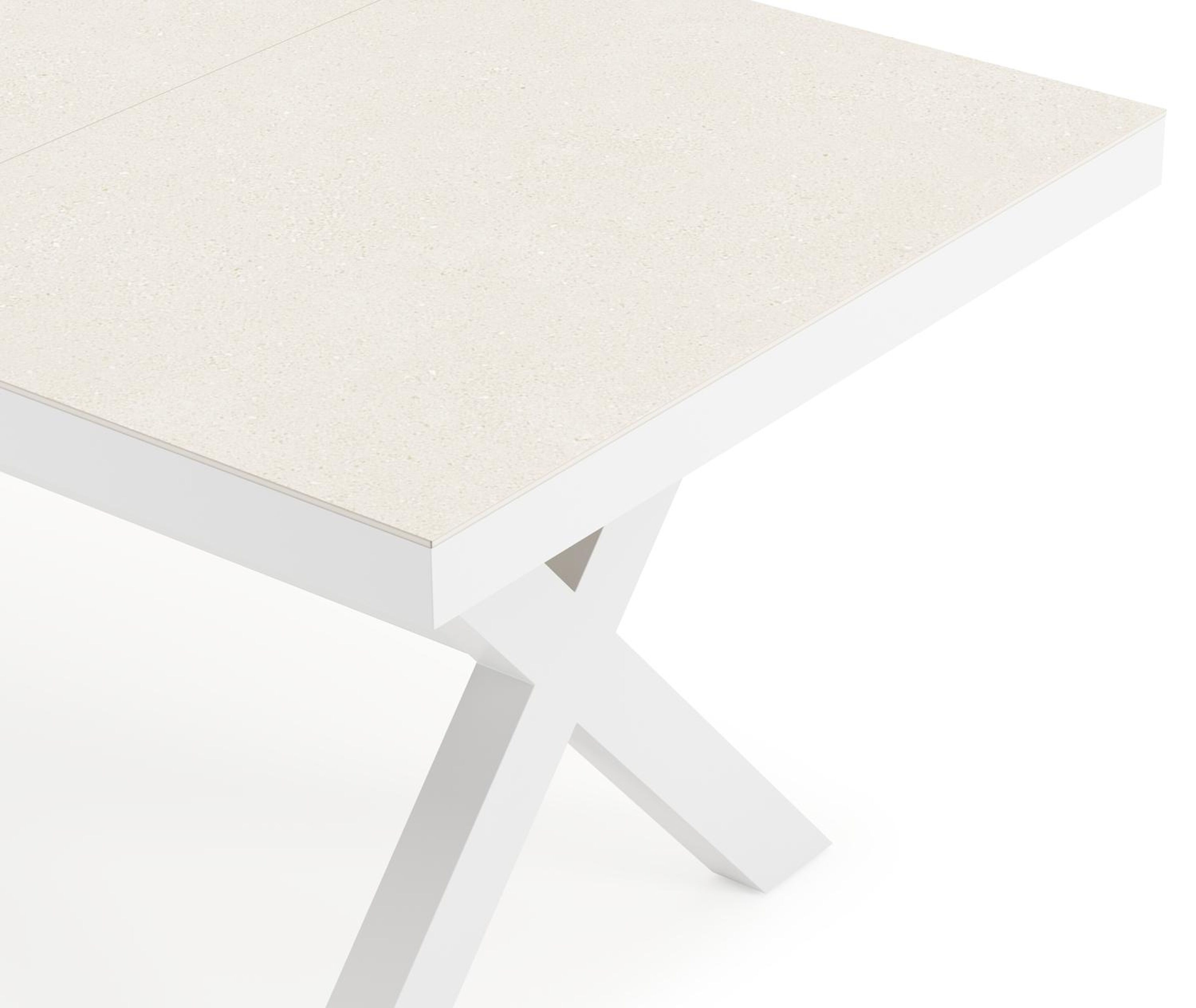 Bahia tuinset rechthoekig in wit aluminium en sintered stone beige met 6 Salto tuinstoelen