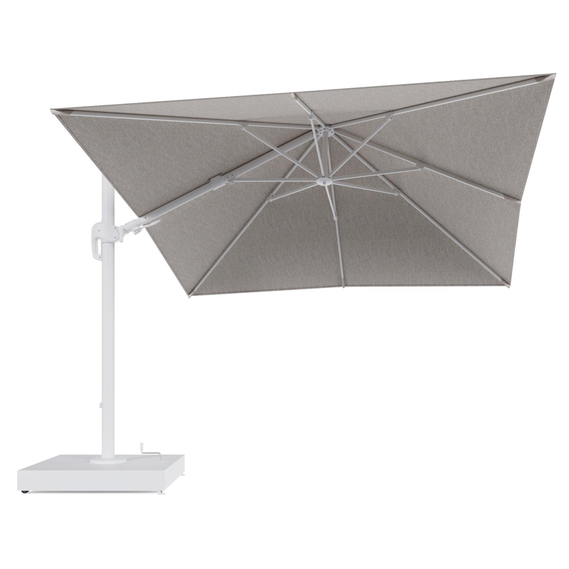 Rufina zweefparasol met tiltfunctie in wit aluminium en Tundra Sand All Weather Sunbrella® Luxe parasoldoek - L1 300 x L2 300 cm met parasolvoet Minore 260 kg met wielen