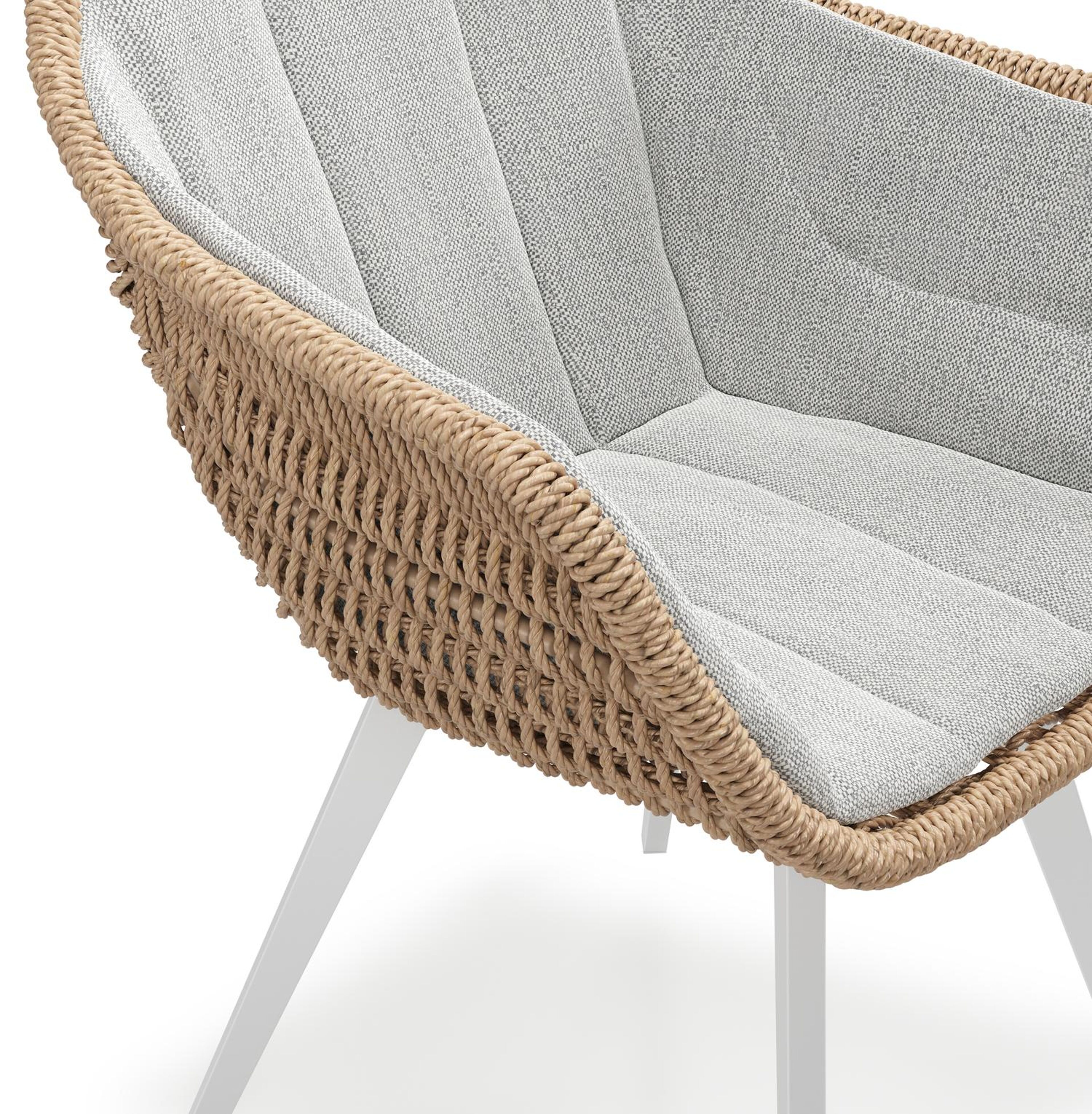 Pagino tuinstoel in wit aluminium en naturel ronde wicker met zitkussen in All Weather Sunbrella® Luxe Savane Nimbus