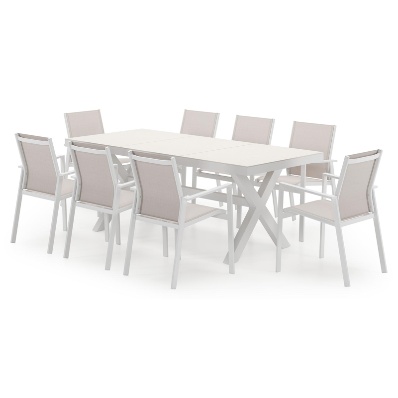 Bahia tuinset in wit aluminium en beige sintered stone met 8 Bahia tuinstoelen