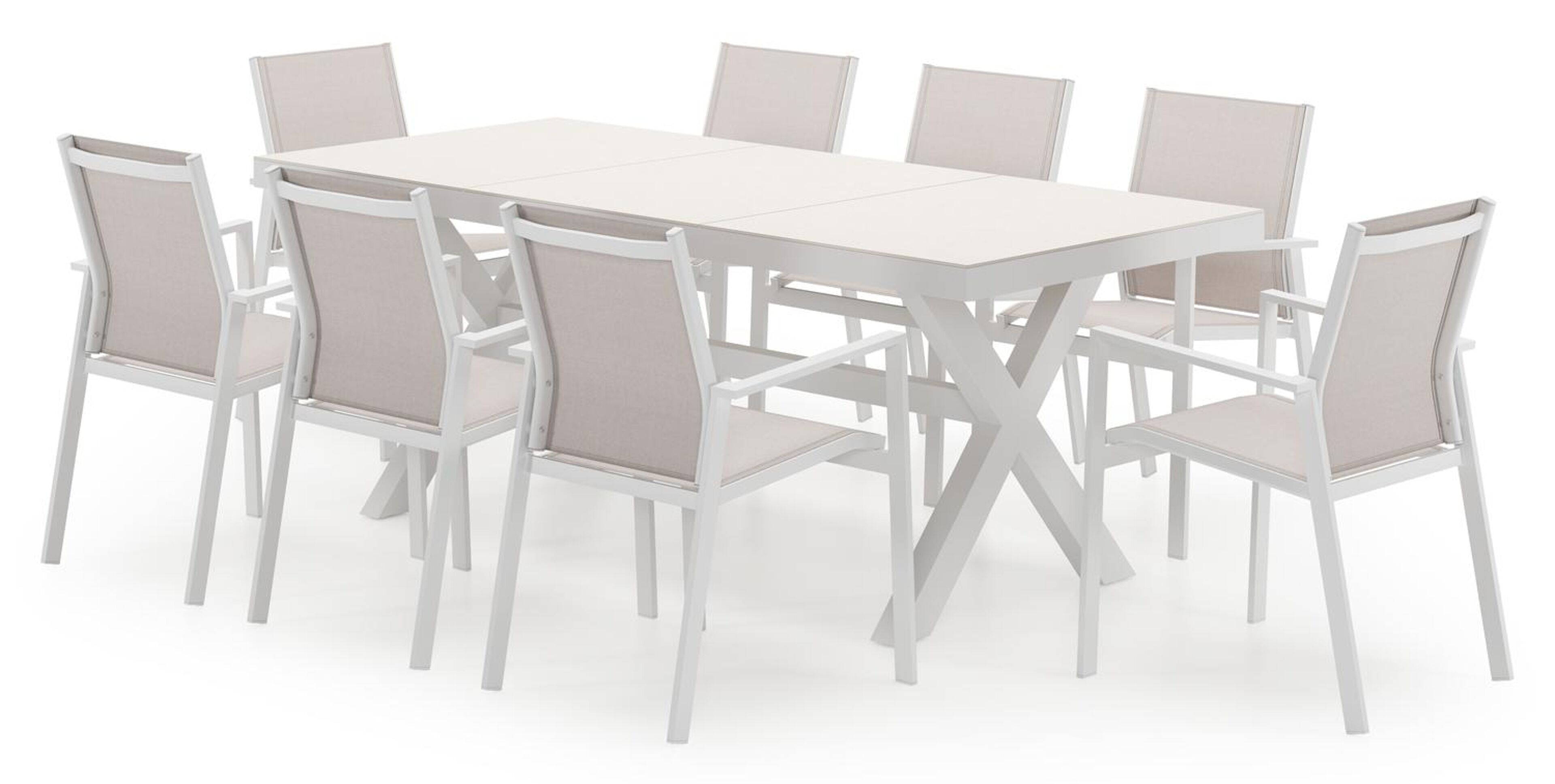Bahia tuinset in wit aluminium en beige sintered stone met 8 Bahia tuinstoelen