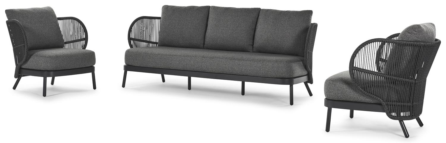 Lugano loungeset in zwart aluminium en zwart gedraaide ronde wicker met catania black all weather cosytica kussens