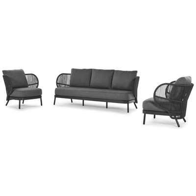 Lugano loungeset in zwart aluminium en zwart gedraaide ronde wicker met catania black all weather cosytica kussens