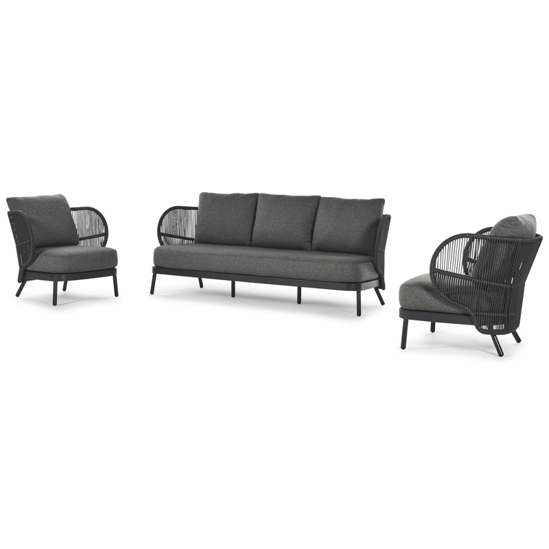 Lugano loungeset in zwart aluminium en zwart gedraaide ronde wicker met catania black all weather cosytica kussens