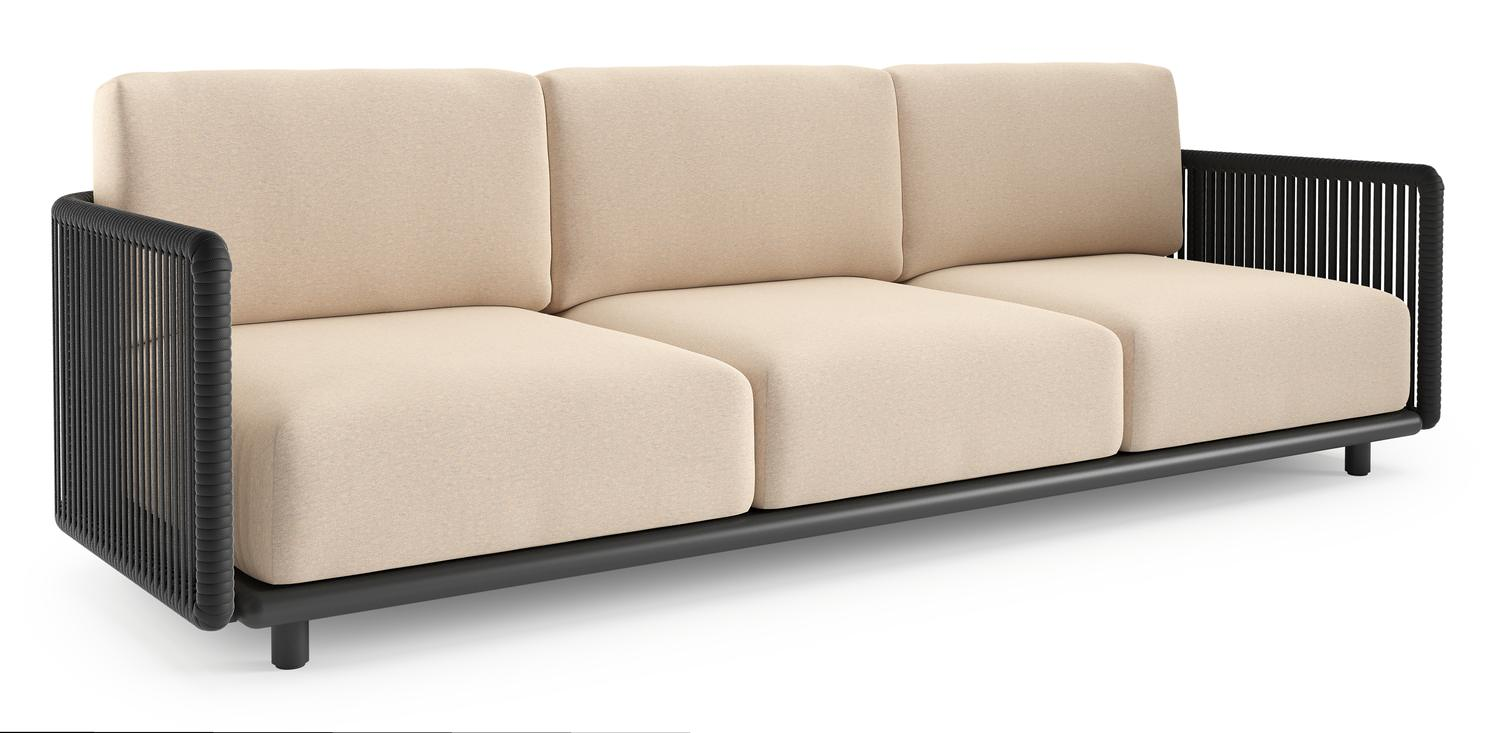 Organo loungebank in zwart aluminium en zwart verticaal geweven luxe vlakke rope met heritage papyrus all weather Sunbrella® luxe kussen