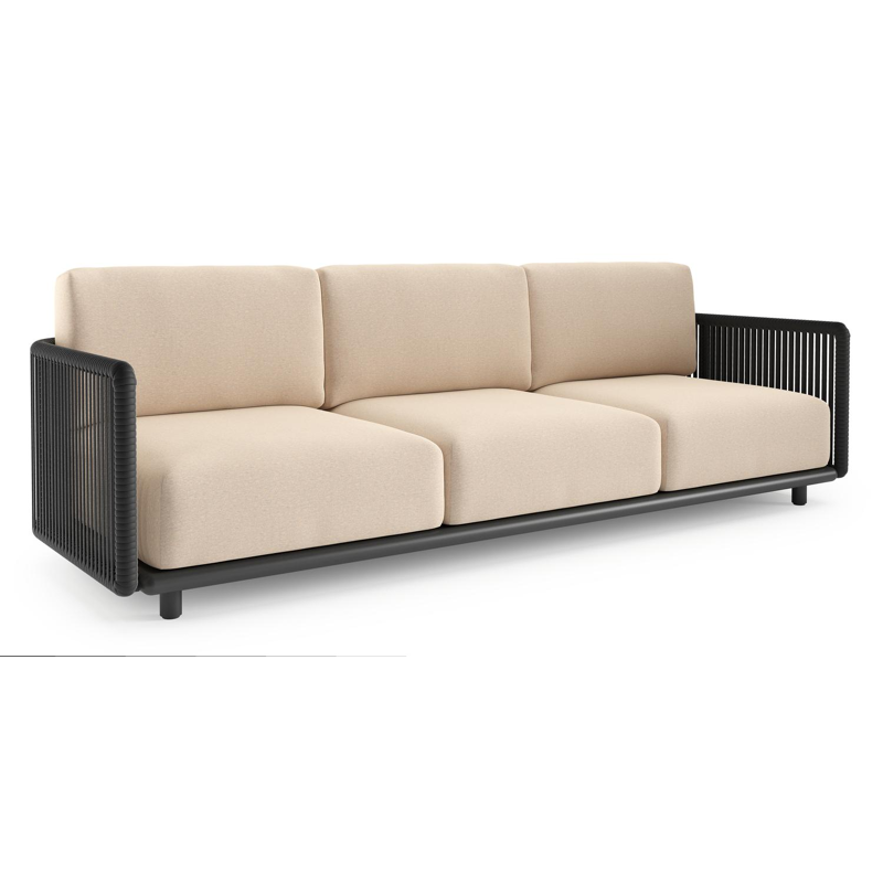 Organo loungebank in zwart aluminium en zwart verticaal geweven luxe vlakke rope met heritage papyrus all weather Sunbrella® luxe kussen