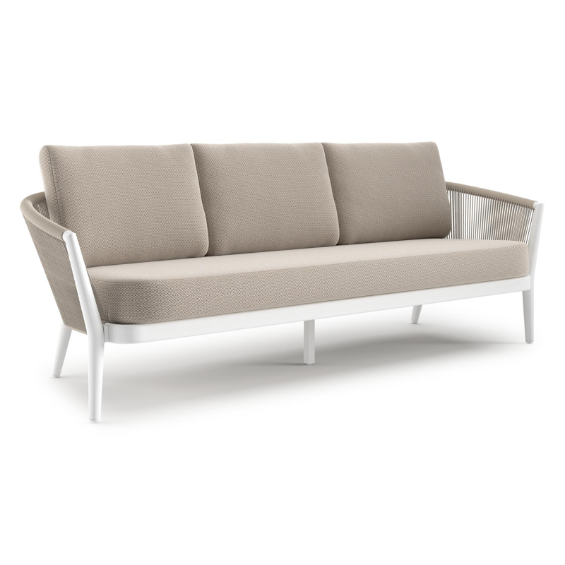 Canapé de jardin Orso en aluminium blanc en corde ronde tissée verticalement beige et coussins en all weather sunbrella® luxe Lopi Fossil