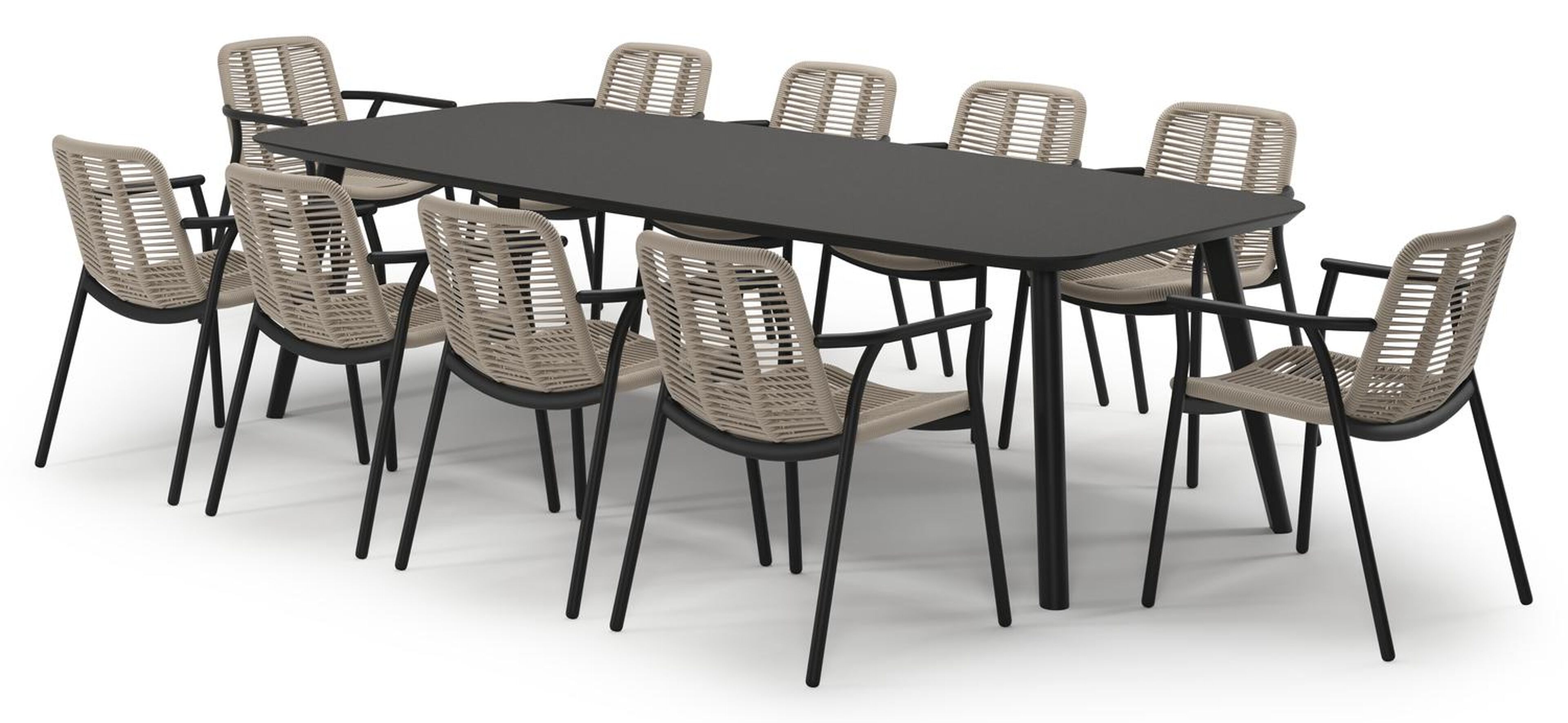 Mosa tuinset in zwart aluminium en notte minerale sintered stone met 10 stapelbare Berga tuinstoelen