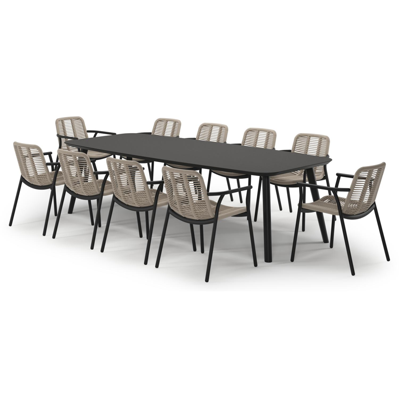 Mosa tuinset in zwart aluminium en notte minerale sintered stone met 10 stapelbare Berga tuinstoelen