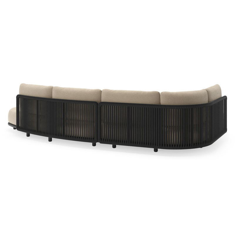 Lomano loungehoek in zwart aluminium en zwart verticaal geweven luxe vlakke rope met althea chalk all weather cosytica kussen