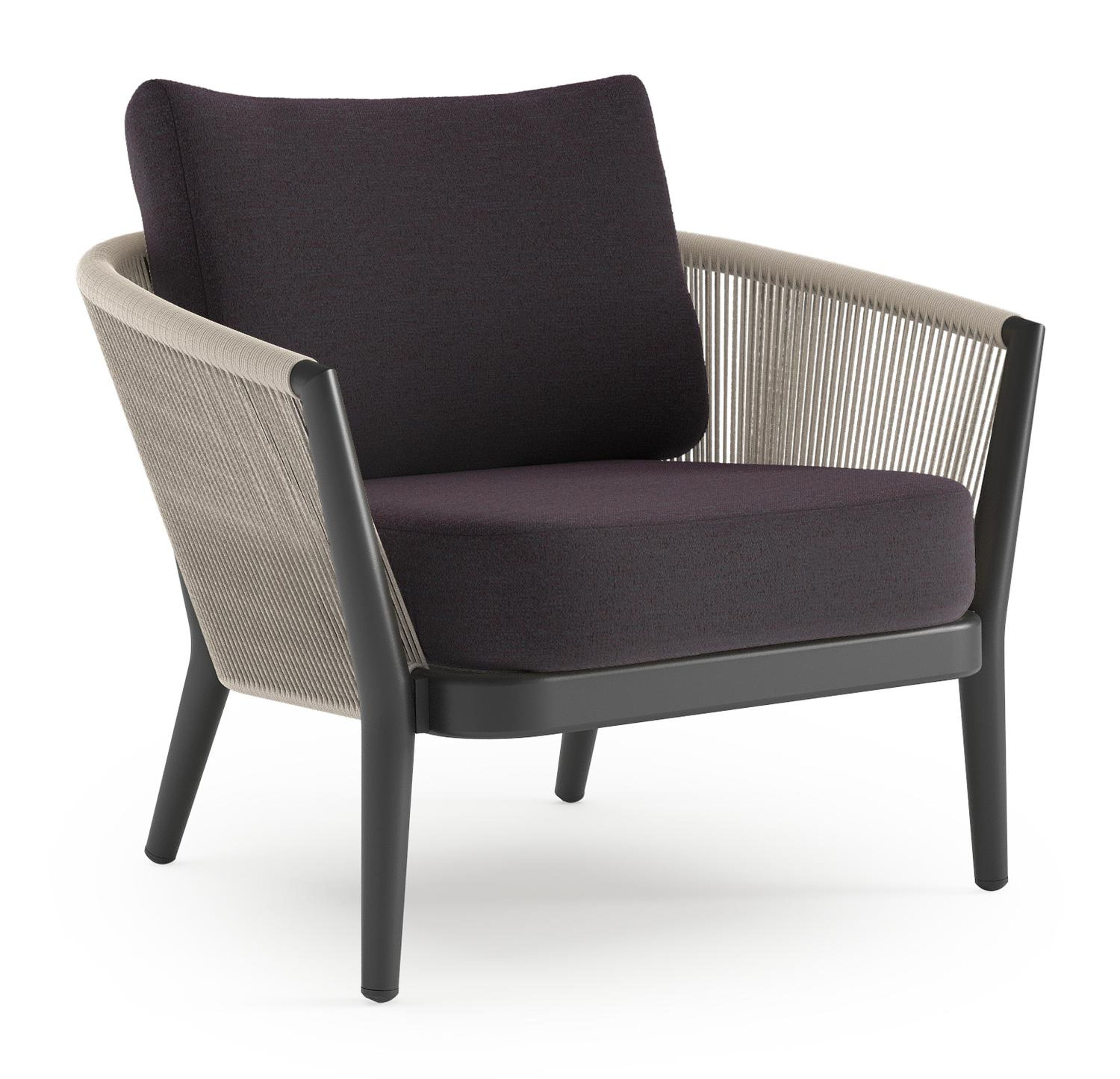 Orso loungestoel in zwart aluminium en beige verticaal geweven ronde rope met Tundra Red all weather sunbrella® luxe kussen