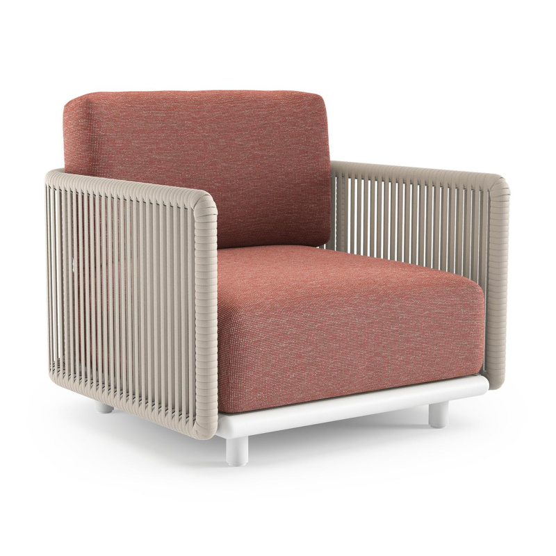 Fauteuil de jardin Organo en aluminium blanc et corde luxe plate tissée verticalement beige et coussin en all weather Sunbrella® luxe slow alezan