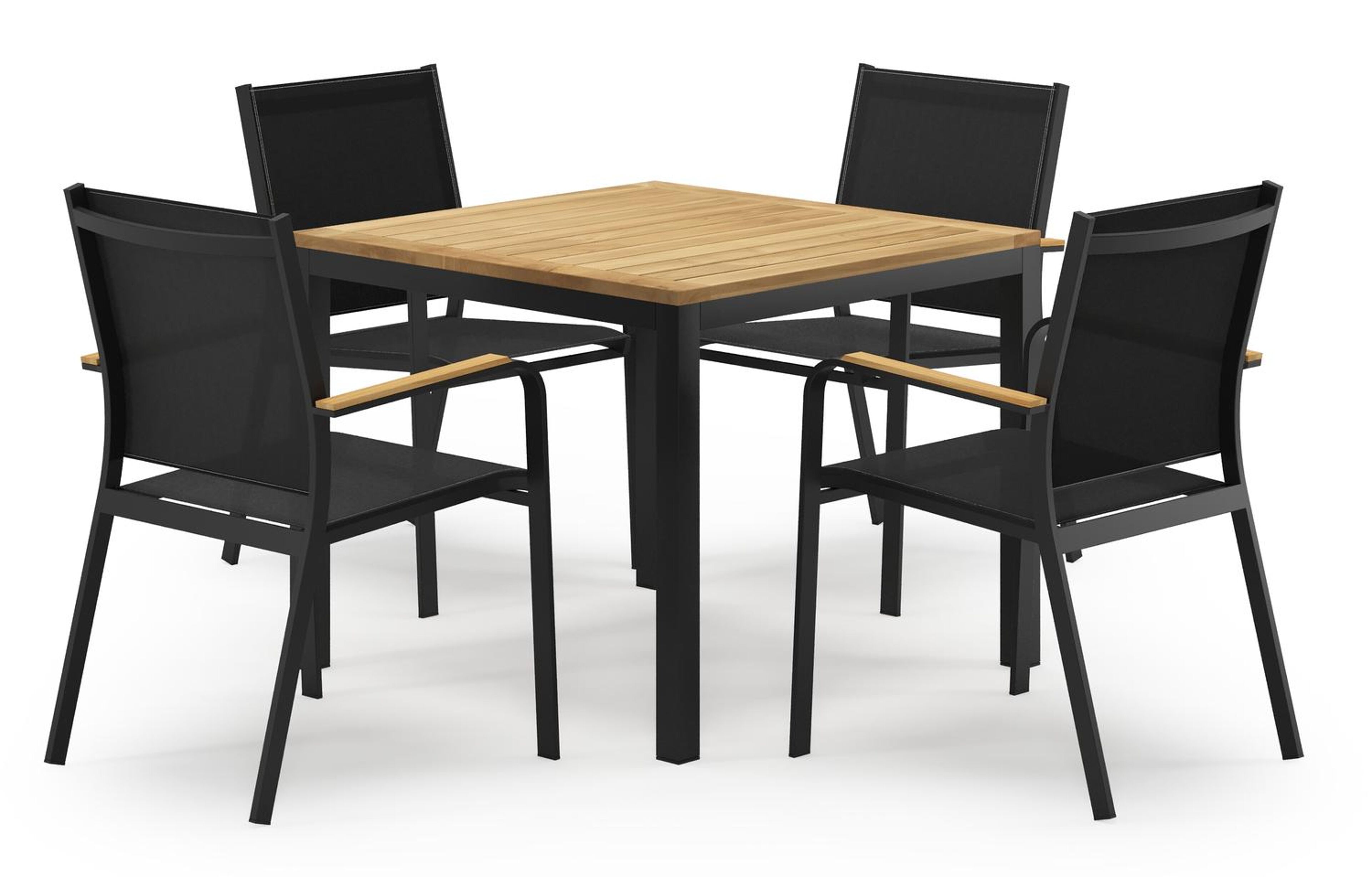 Feltro vierkante tuinset in zwart aluminium en teak natural finish met 4 Amalfi tuinstoelen