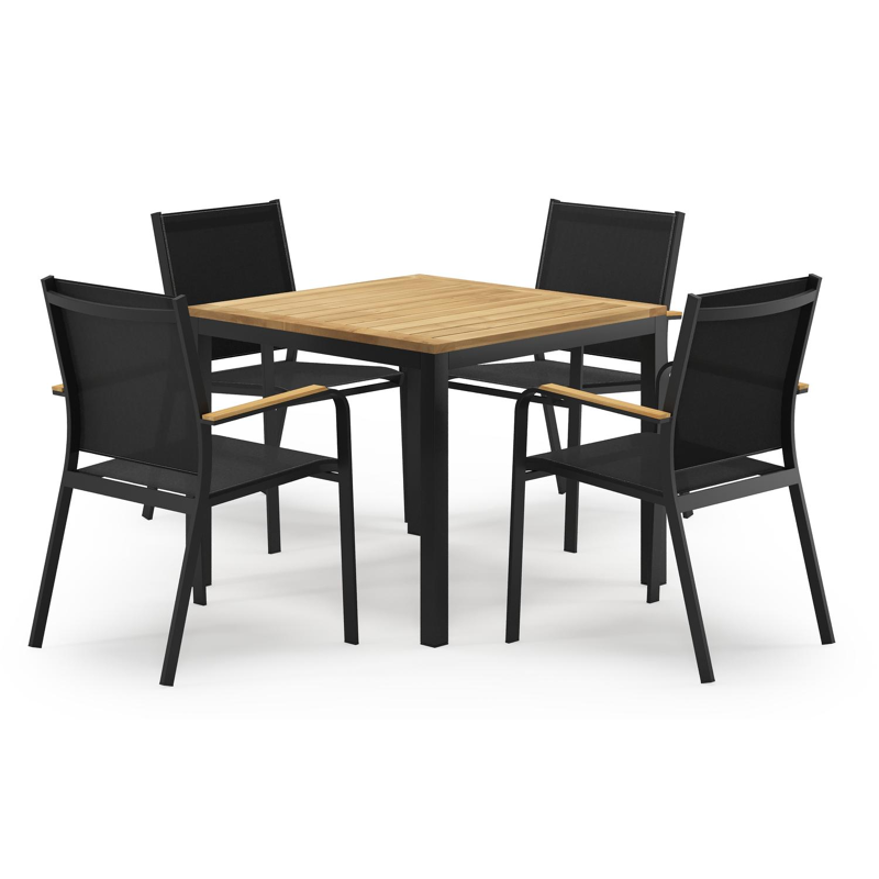 Feltro vierkante tuinset in zwart aluminium en teak natural finish met 4 Amalfi tuinstoelen