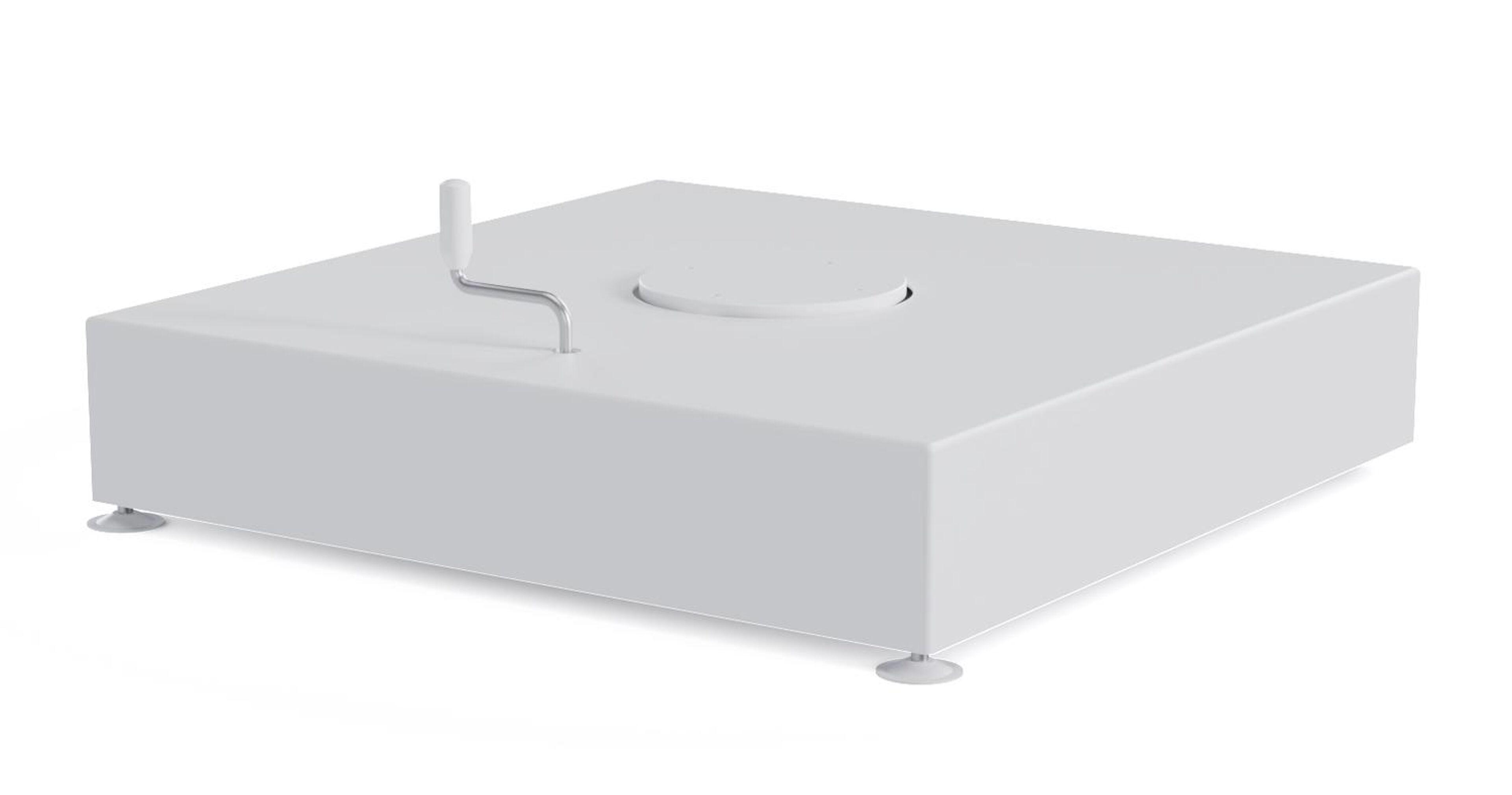 Rufina zweefparasol met tiltfunctie in wit aluminium en beige All Weather Sunbrella® Premium parasoldoek - L1 300 x L2 300 cm met parasolvoet Minore 150 kg met wielen