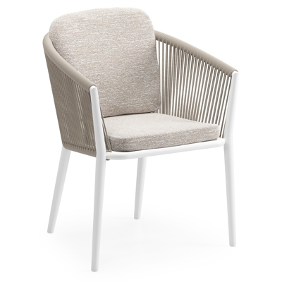 Chaise de jardin Orso en aluminium blanc et corde ronde tissée verticalement beige avec coussin luxe en All Weather Sunbrella® Luxe Tundra Sand