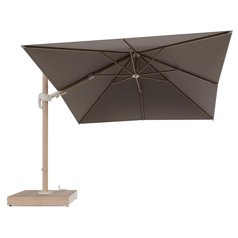 Rufina zweefparasol met tiltfunctie in houtlook aluminium en Firenze Earth All Weather Solica parasoldoek - L1 300 x L2 300 cm met parasolvoet Minore 260 kg met wielen