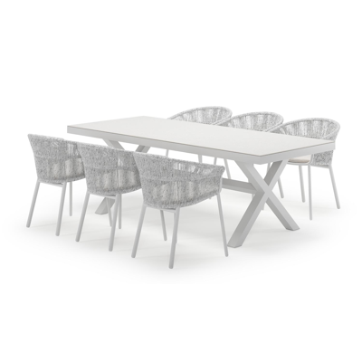 Reza rechthoekige tuinset in wit aluminium en sintered stone topo minerale met 6 Matera tuinstoelen