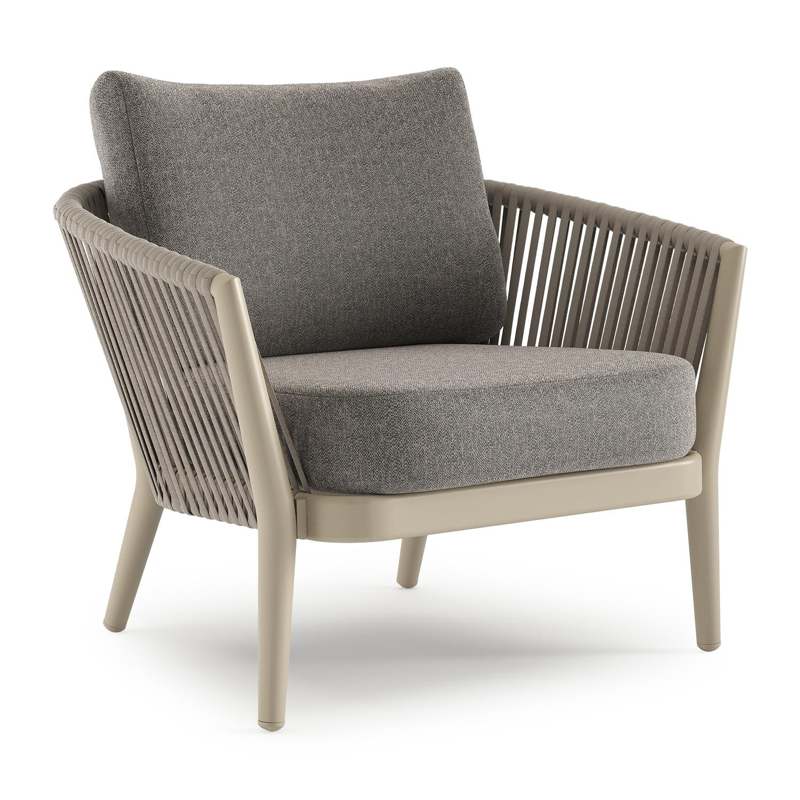 Fauteuil de jardin Orso en aluminium beige en corde luxe plate tissée verticalement beige et coussins en all weather sunbrella® luxe Chartres Drizzle
