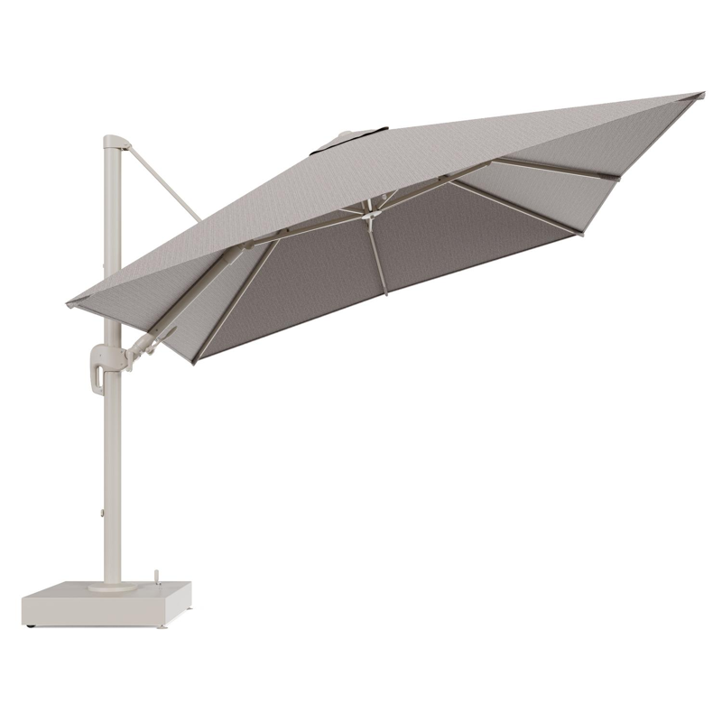 Rufina zweefparasol met tiltfunctie in beige aluminium en Wander Granite All Weather Sunbrella® Luxe parasoldoek - L1 300 x L2 300 cm met parasolvoet Minore 150 kg met wielen
