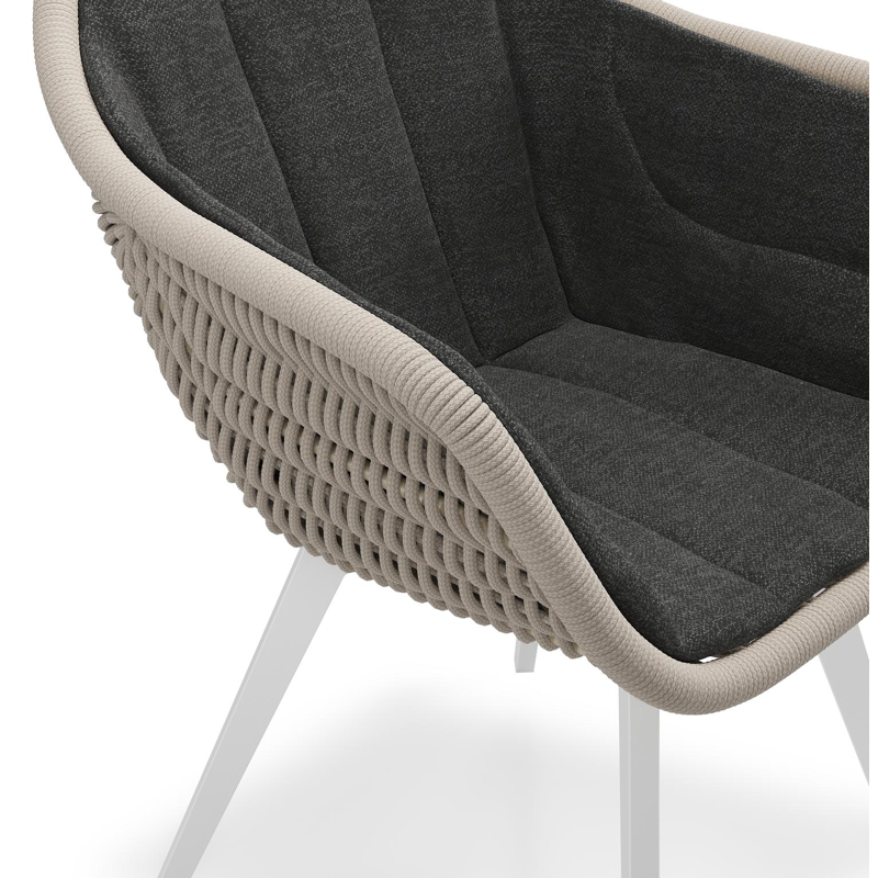 Pagino tuinstoel in wit aluminium en beige verticaal geweven ronde rope met zitkussen in All Weather Sunbrella® Luxe Chartres Sooty
