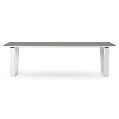 Table de jardin Pagino forme de bateau en aluminium blanc et céramique pleine Calatorao - Lg. 255 x Lrg. 115 x Haut. 73 cm